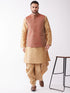 Vastramay Men's Rose Gold Solid Silk Blend Kurta and Dhoti With Maroon Nehru Jacket